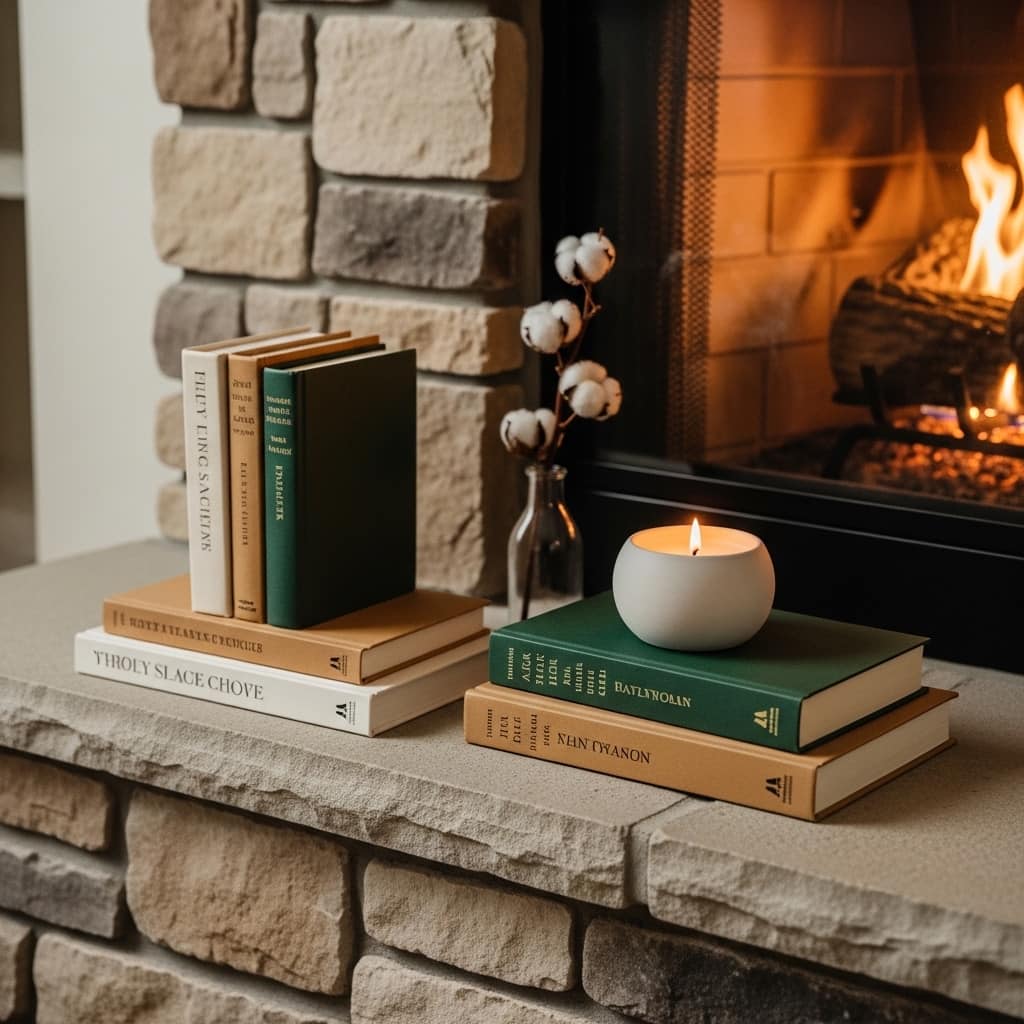 Cozy Fireplace Book Stack